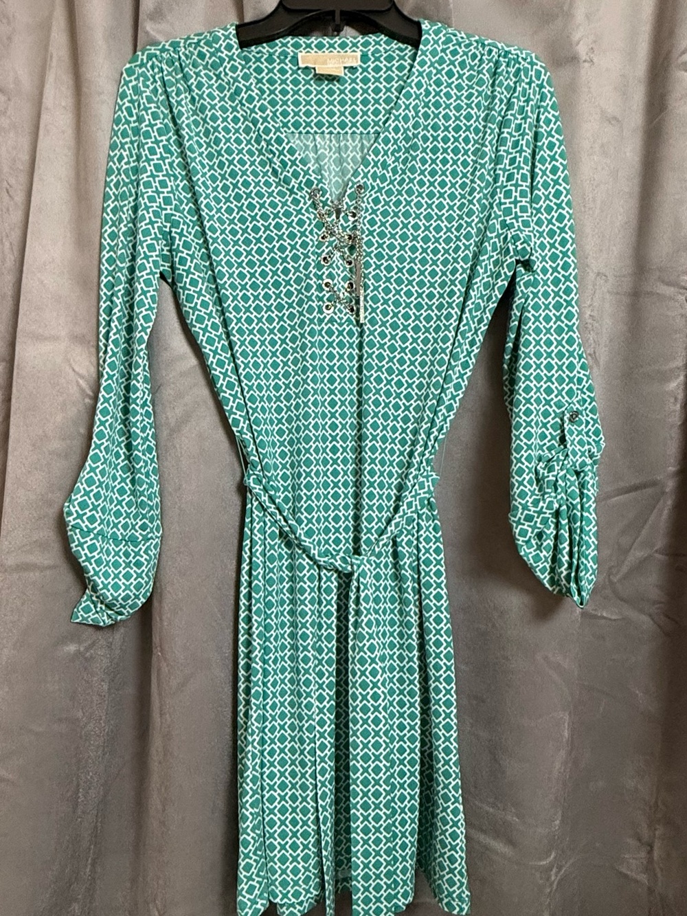 Michael Kors Teal Geometric Lace-Up Long Sleeve Dress